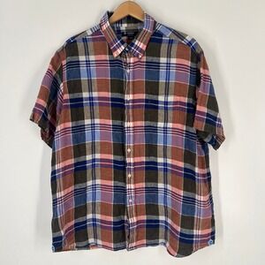 Cremieux Mens XXL 100% Linen Short Sleeve Plaid Button Down Shirt